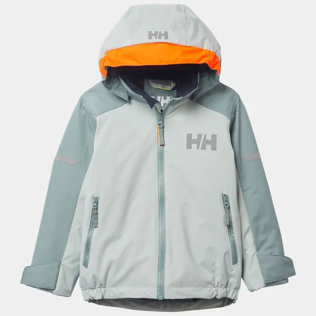 Manteau d'hiver - Helly Hansen gris clair et vert avec capuche orange, fermé par zip, pour garçon, vue de face.
