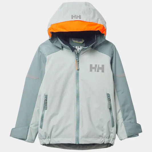 Manteau d'hiver - Helly Hansen gris clair et vert avec capuche orange, fermé par zip, pour garçon, vue de face.