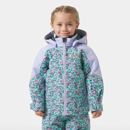Manteau d'hiver Legend - Helly Hansen à motif fleuri bleu et violet, capuche, pour fille, vue de face porté sur mannequin