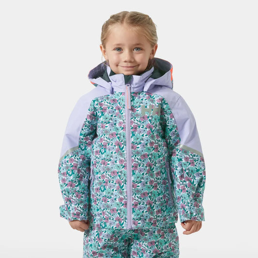 Manteau d'hiver Legend - Helly Hansen à motif fleuri bleu et violet, capuche, pour fille, vue de face porté sur mannequin