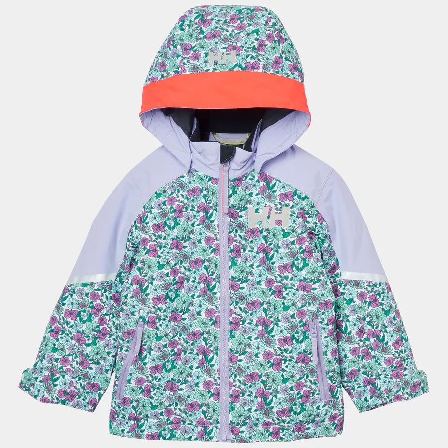 Manteau d'hiver Legend - Helly Hansen pour fille, motifs floraux violet et vert, capuche orange, vue de face, tissu imperméable
