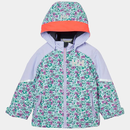 Manteau d'hiver Legend - Helly Hansen pour fille, motifs floraux violet et vert, capuche orange, vue de face, tissu imperméable