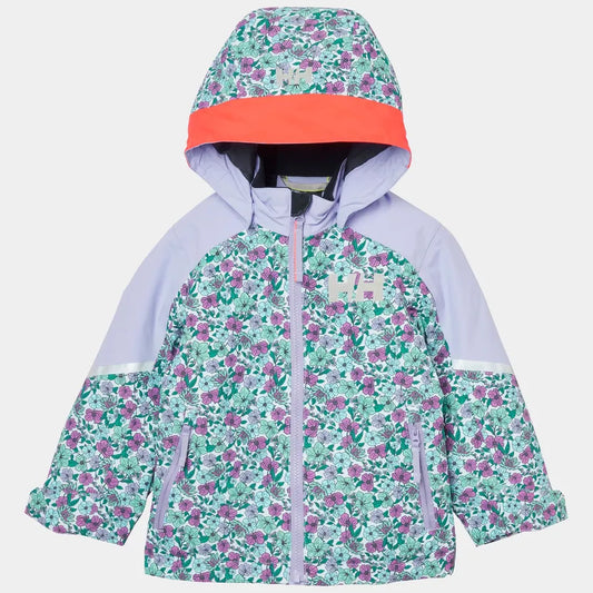 Manteau d'hiver Legend - Helly Hansen pour fille, motifs floraux violet et vert, capuche orange, vue de face, tissu imperméable