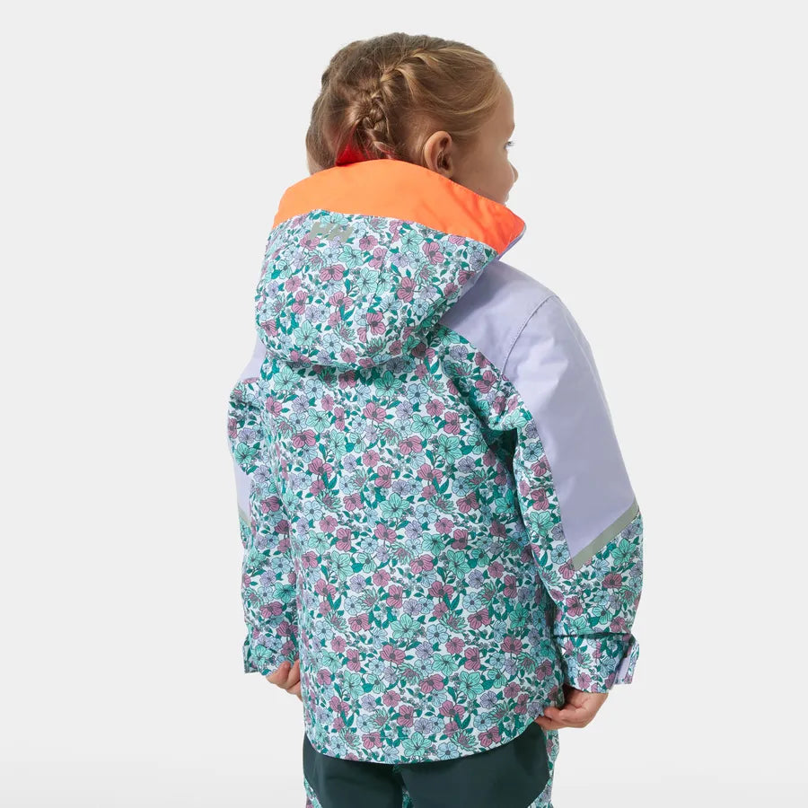 Manteau d'hiver Legend - Helly Hansen pour fille avec motif floral violet et vert, capuche orange, vue de dos porté sur mannequin