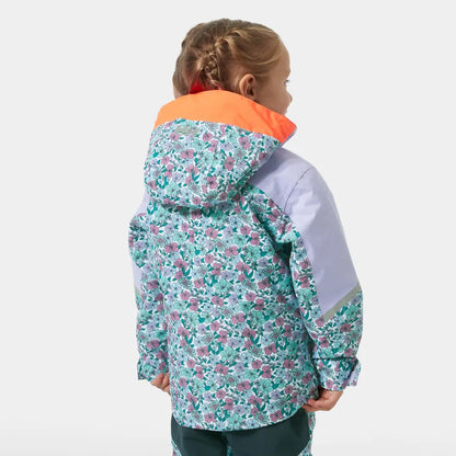 Manteau d'hiver Legend - Helly Hansen pour fille avec motif floral violet et vert, capuche orange, vue de dos porté sur mannequin