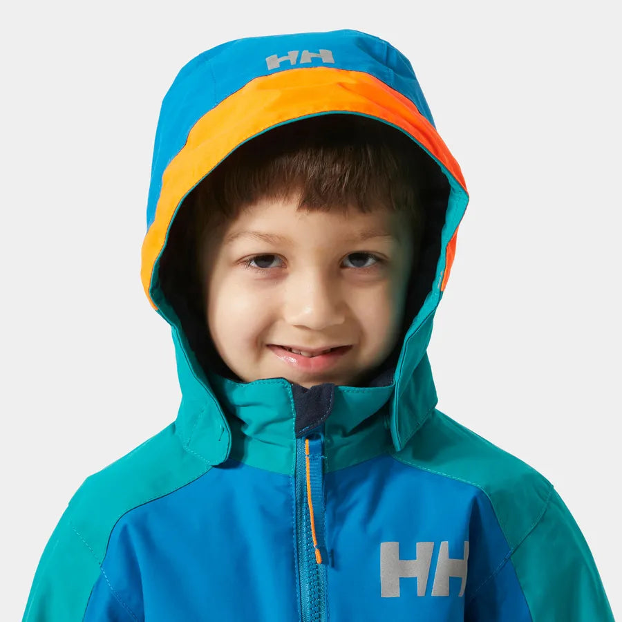 Manteau d'hiver Legend - Helly Hansen bleu turquoise et orange, capuche, tissu technique imperméable, garçon, vue de face.