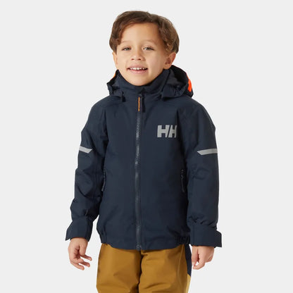 Manteau d'hiver Legend - Helly Hansen bleu marine avec capuche, bandes réfléchissantes, pour garçon, vue de face porté.