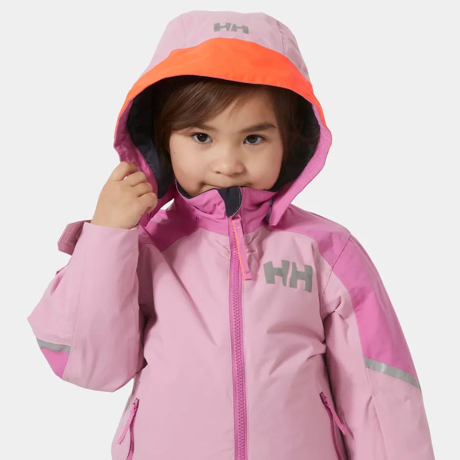 Manteau d'hiver Legend - Helly Hansen rose clair avec capuche orange et détails réfléchissants, pour fille, vue de face.