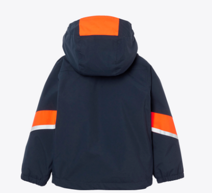Manteau d'hiver Rider - Helly Hansen bleu marine avec bandes orange et blanches, capuche, pour enfant, vue de dos