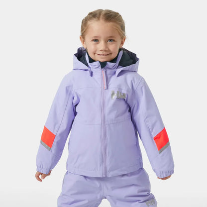 Manteau d'hiver Rider - Helly Hansen violet clair avec bandes rouges et grises, capuche, pour fille, vue de face porté sur mannequin.