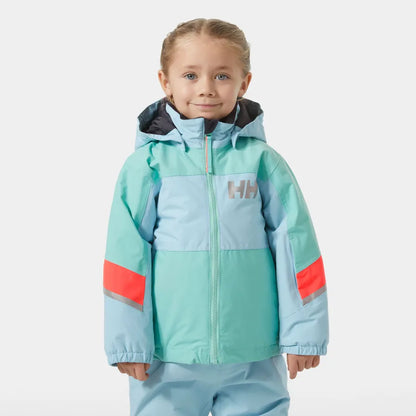 Manteau d'hiver Rider - Helly Hansen turquoise et bleu ciel avec détails rouges et gris, pour fille, vue de face porté sur mannequin