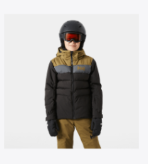 Manteau d'hiver Cyclone - Helly Hansen noir et kaki, isolant synthétique, capuche, pour enfant, vue de face portée sur mannequin