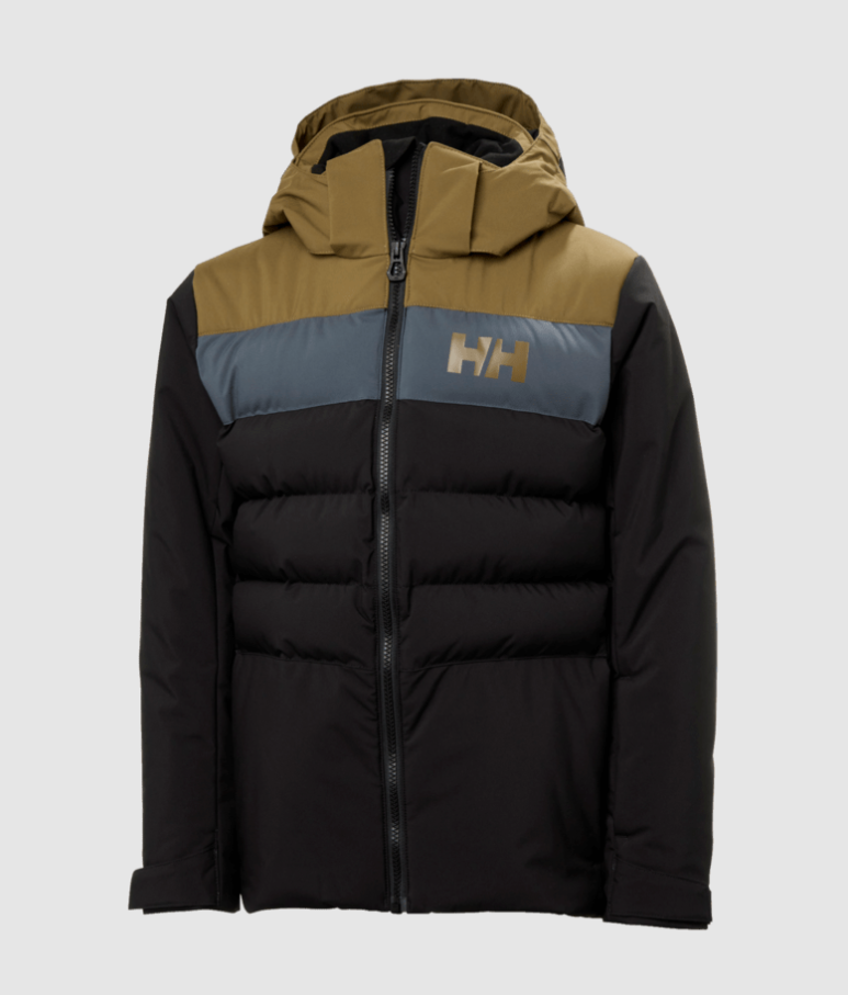 Manteau d'hiver Cyclone - Helly Hansen noir, marron et bleu, isolant synthétique, capuche, pour enfant, vue de face.