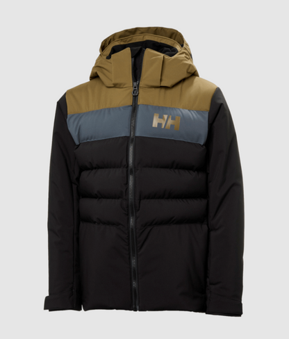 Manteau d'hiver Cyclone - Helly Hansen noir, marron et bleu, isolant synthétique, capuche, pour enfant, vue de face.