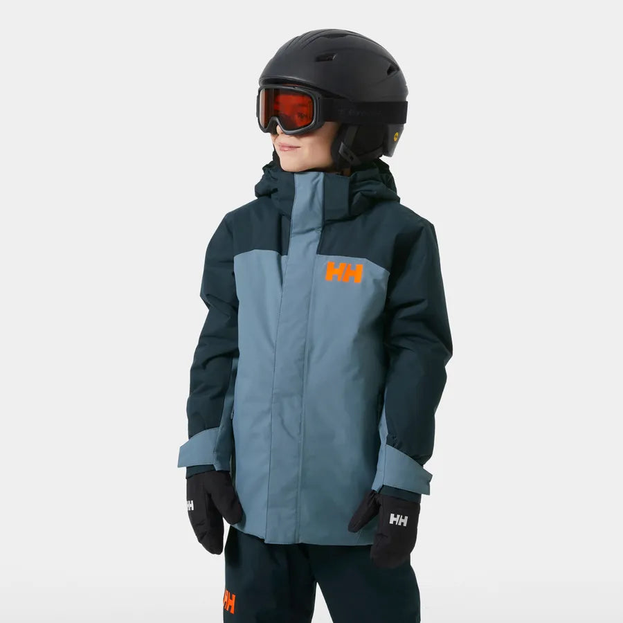 Manteau d'hiver - Helly Hansen bleu clair et foncé avec capuche, logo orange, pour fille, vue de face portée sur mannequin