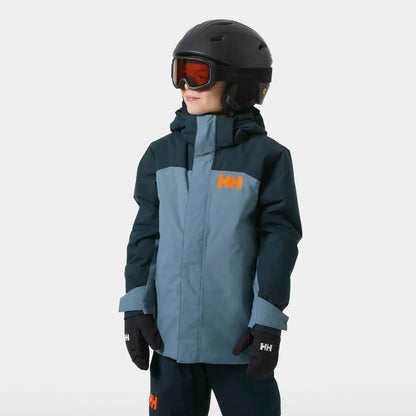 Manteau d'hiver - Helly Hansen bleu clair et foncé avec capuche, logo orange, pour fille, vue de face portée sur mannequin