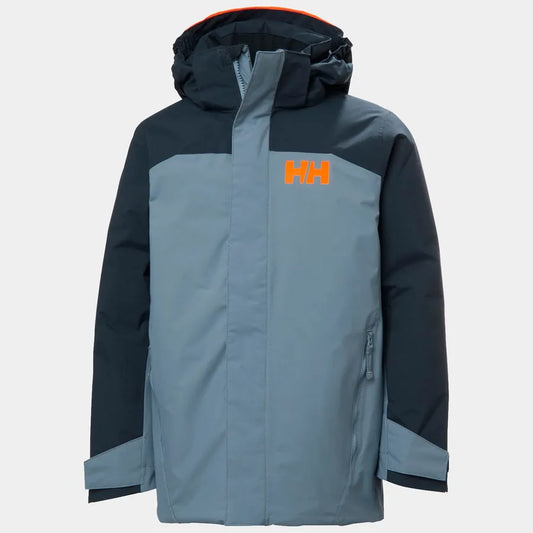 Manteau d'hiver - Helly Hansen fille bleu clair et bleu marine avec logo orange, capuche et fermeture zippée, vue de face