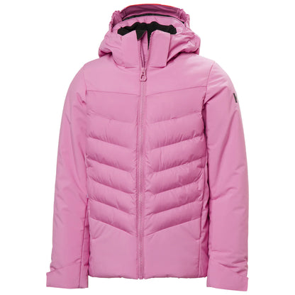 Manteau d'hiver - Helly Hansen rose pour fille, coupe matelassée, capuche intégrée, vue de face, tissu technique chaud.