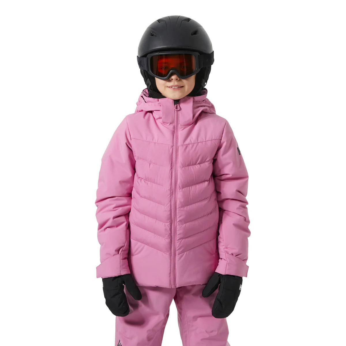Manteau d'hiver - Helly Hansen rose clair, coupe droite, capuche, pour fille, porté face avec casque et gants noirs