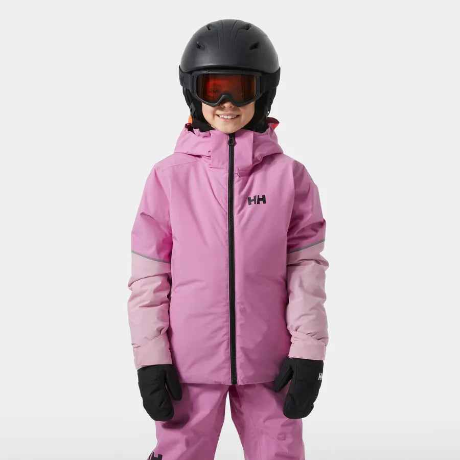 Manteau d'hiver Jewel Resort Ski - Helly Hansen rose clair et violet, capuche, pour fille, porté face avec casque et gants noirs