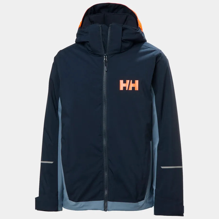 Manteau d'hiver Quest Ski - Helly Hansen bleu marine et orange à capuche, isolation polyester, pour garçon, vue de face.