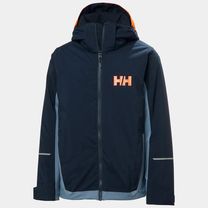 Manteau d'hiver Quest Ski - Helly Hansen bleu marine et orange à capuche, isolation polyester, pour garçon, vue de face.