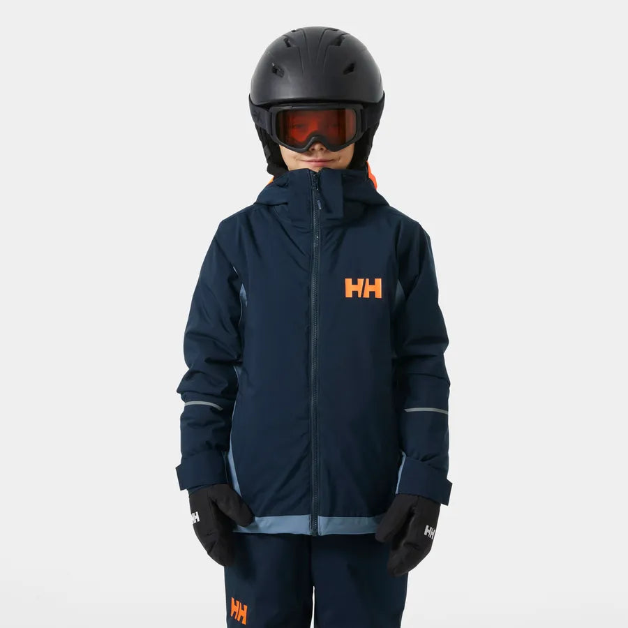 Manteau d'hiver Quest Ski - Helly Hansen bleu marine avec logo orange, capuche, pour garçon, vue de face porté sur mannequin
