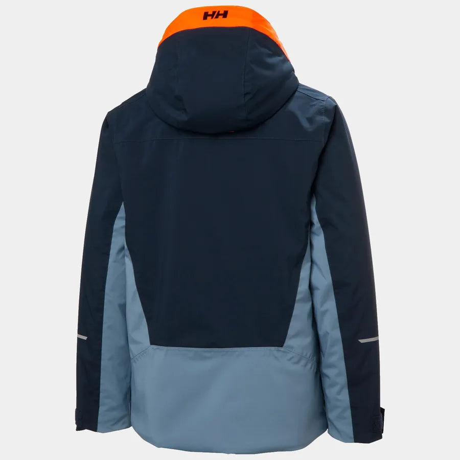 Manteau d'hiver Quest Ski - Helly Hansen bleu marine et gris avec capuche orange, pour garçon, vue de dos.