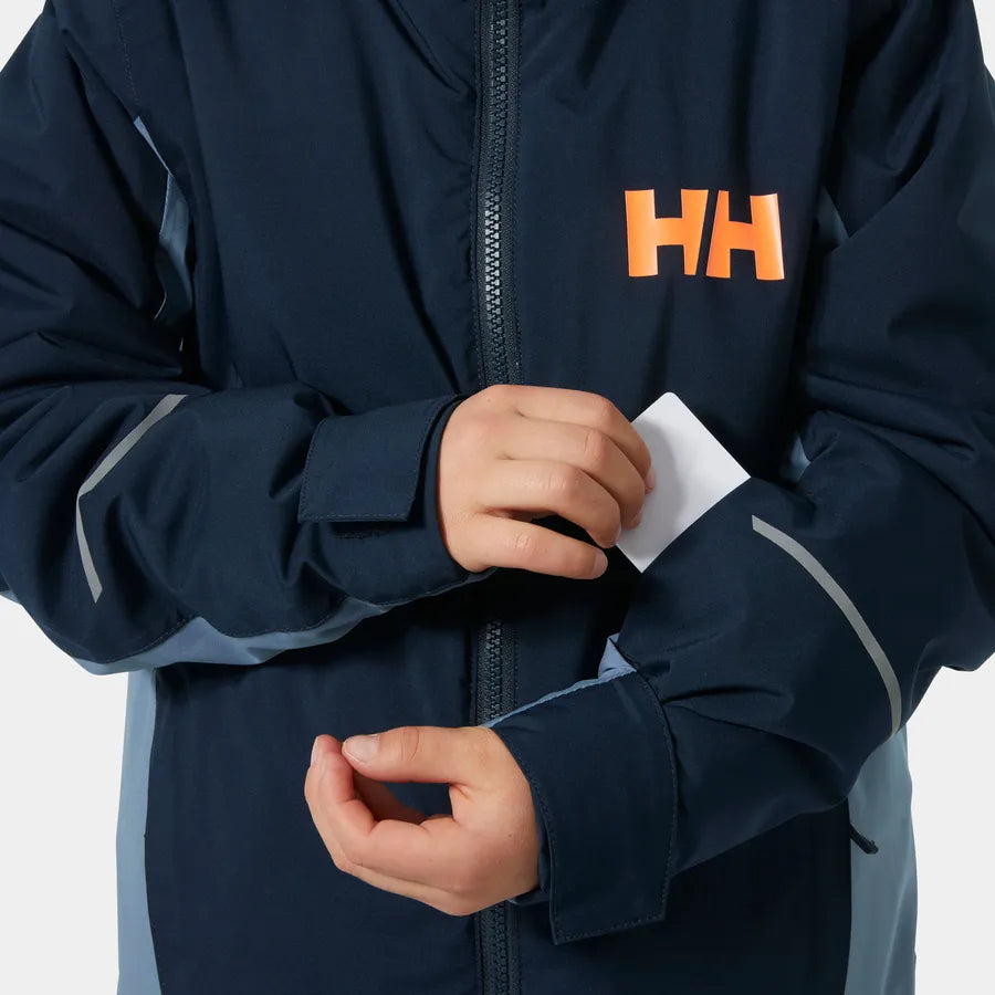 Manteau d'hiver Quest Ski - Helly Hansen bleu marine et gris avec logo orange, manches manches longues, pour garçon, détail poche zippée