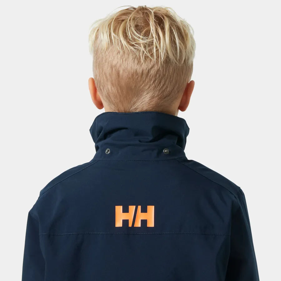 Manteau d'hiver Quest Ski - Helly Hansen bleu marine avec logo orange, pour garçon, vue de dos, tissu polyester.