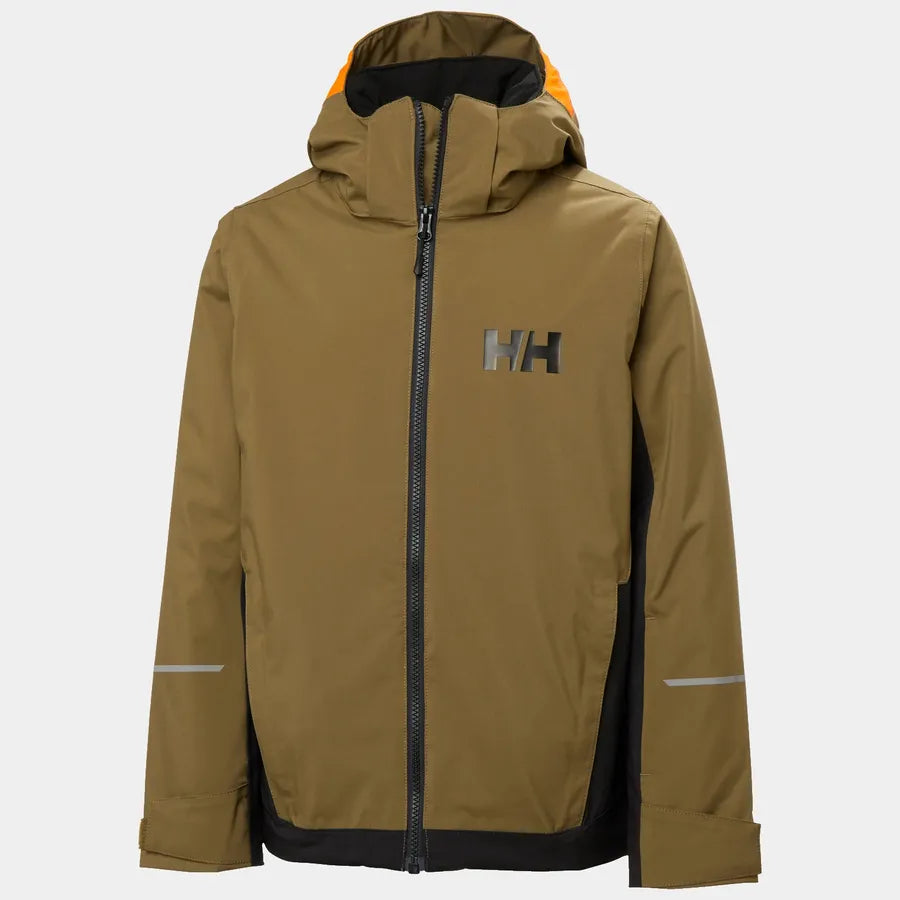 Manteau d'hiver Quest Ski - Helly Hansen garçon kaki et noir avec capuche orange, isolation polyester, vue de face