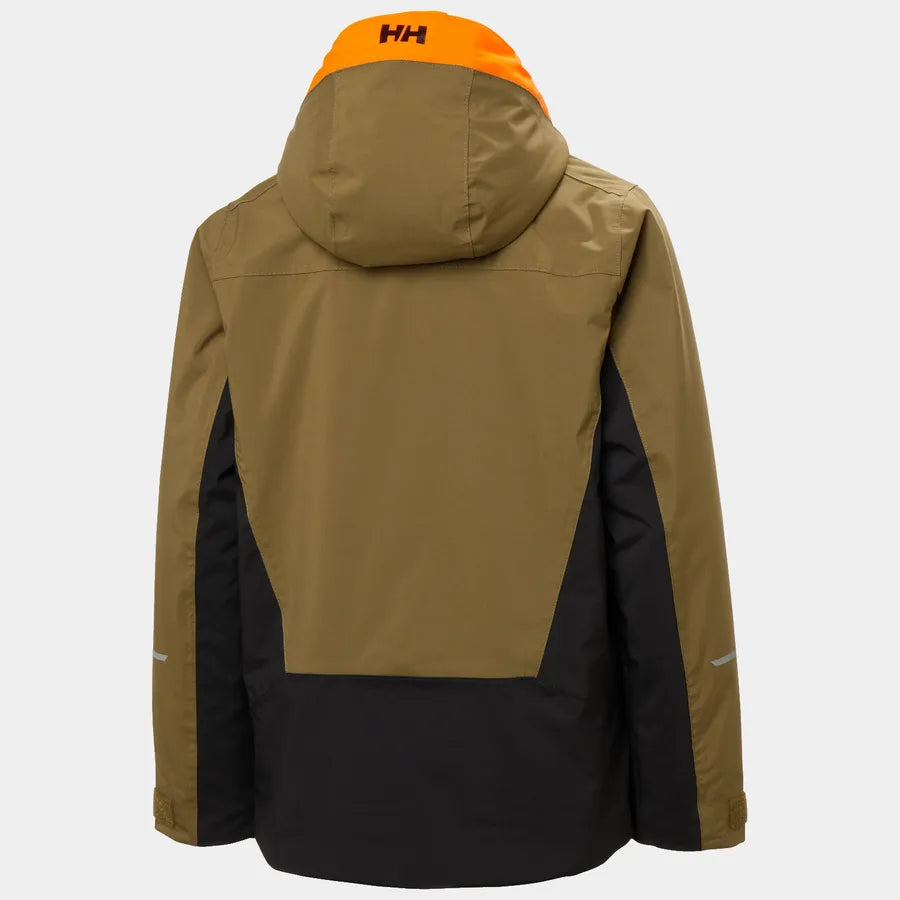 Manteau d'hiver Quest Ski - Helly Hansen garçon kaki et noir avec capuche orange, vue de dos, tissu polyester technique