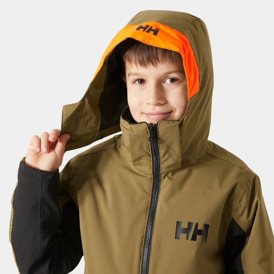 Manteau d'hiver Quest Ski - Helly Hansen kaki avec capuche orange et noire, isolé, pour garçon, vue de face porté.