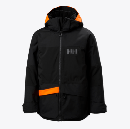 Manteau d'hiver Summit 2.0 - Helly Hansen noir et orange, imperméable, isolation légère, pour enfant, vue de face.