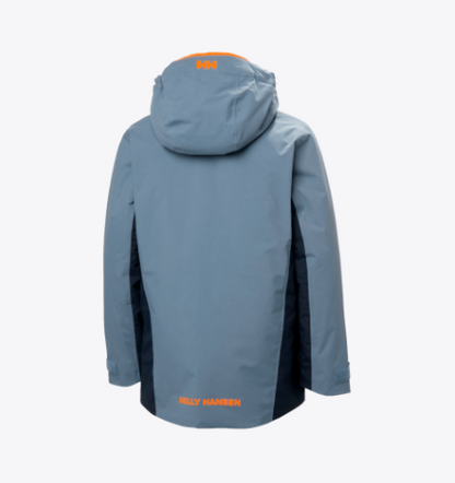 Manteau d'hiver Traverse - Helly Hansen bleu clair et gris foncé avec logo orange, à capuche, vue de dos enfant