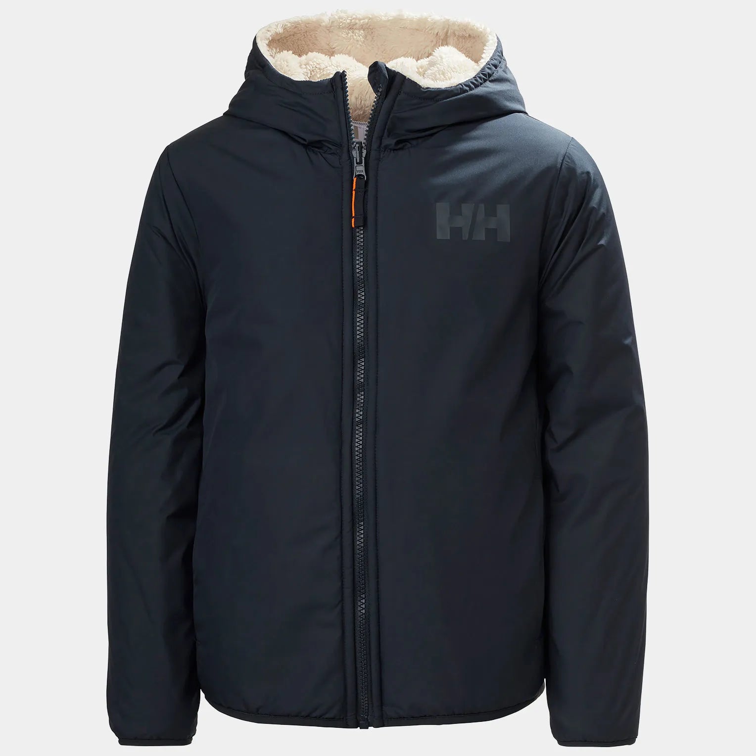 Manteau Mi-Saison Réversible - Helly Hansen noir avec capuche doublée sherpa beige, pour enfant, vue de face.