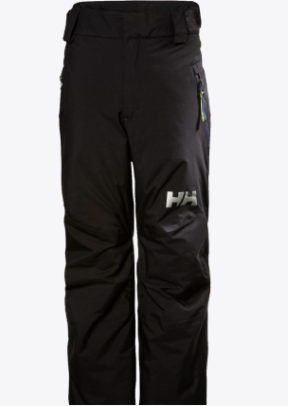 Pantalon de neige - Helly Hansen noir imperméable avec logo blanc, style enfant, vue de face, tissu technique Helly Tech