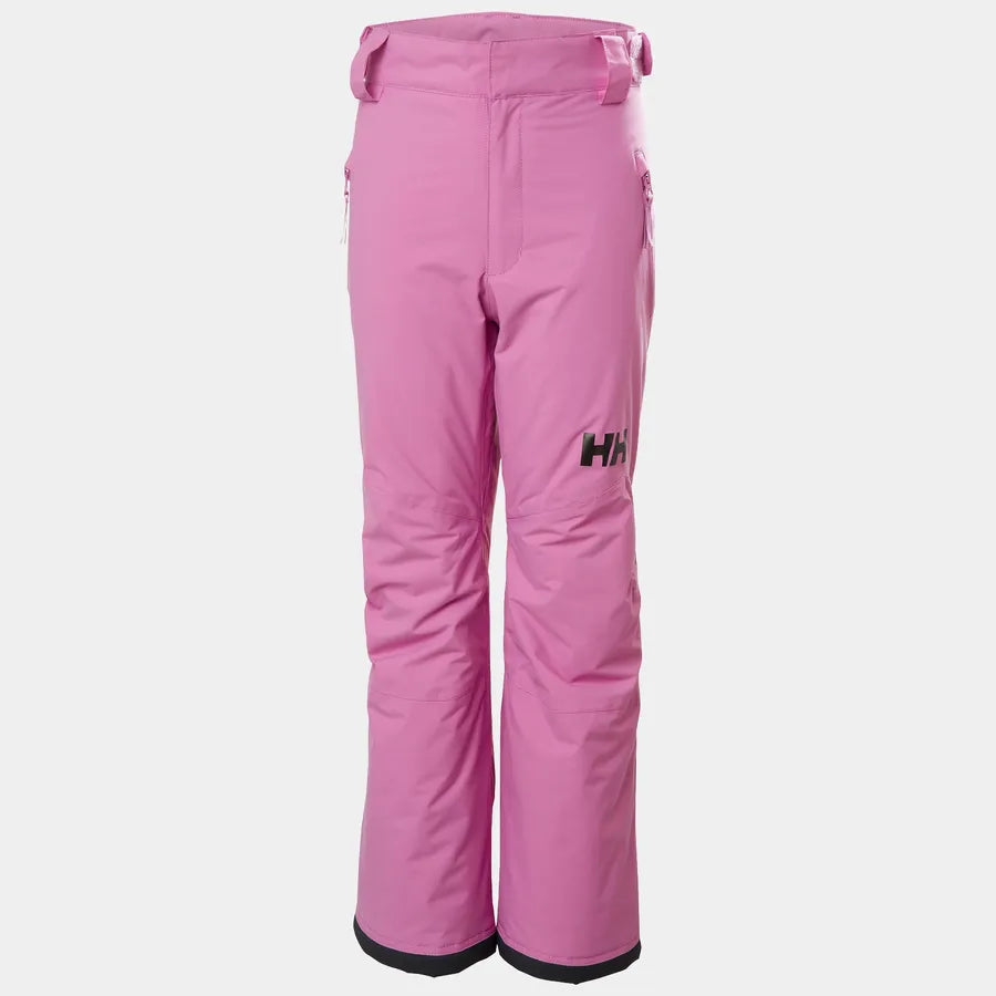 Pantalon de neige - Helly Hansen rose avec logo noir, coupe ajustée, tissu imperméable, pour enfant, vue de face.