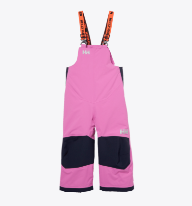 Salopette de neige Rider - Helly Hansen rose avec renforts noirs, bretelles élastiques orange, pour fille, vue de face