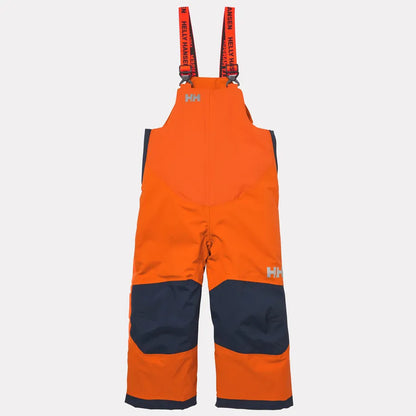 Salopette de neige - Helly Hansen orange fluo avec renforts noirs, bretelles réglables, pour enfant, vue de face