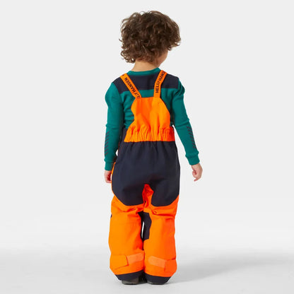 Salopette de neige - Helly Hansen orange fluo et noire, bretelles élastiques, pour enfant, vue de dos.