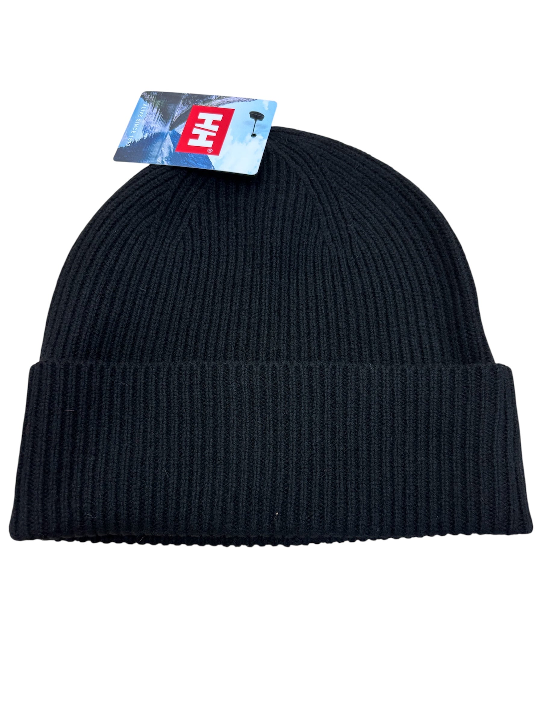 Tuque d'hiver Wool Beanie - Helly Hansen noire en laine mérinos, maille côtelée, taille adulte, vue de face avec étiquette.