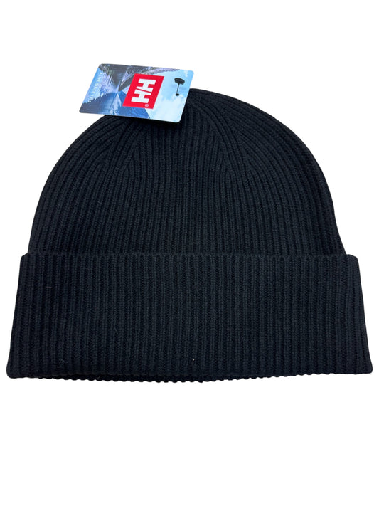 Tuque d'hiver Wool Beanie - Helly Hansen noire en laine mérinos, maille côtelée, taille adulte, vue de face avec étiquette.