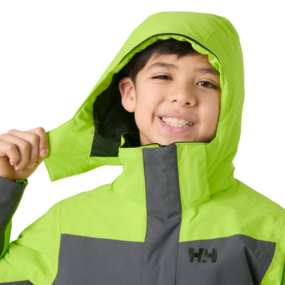 Manteau d'hiver Orionpeak - Helly Hansen vert et gris pour enfant garçon, en tissu imperméable, vue en gros plan porté avec capuche ajustée.