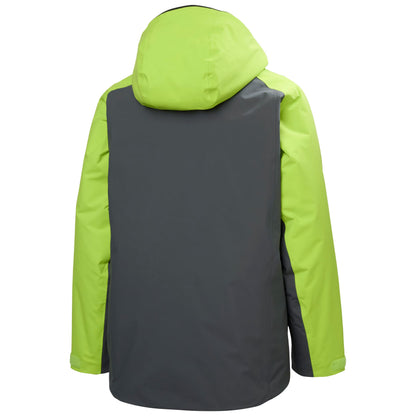 Manteau d'hiver Orionpeak - Helly Hansen, vue de dos, coupe droite, coloris gris et vert anis, avec capuche, pour enfant, tissu imperméable.