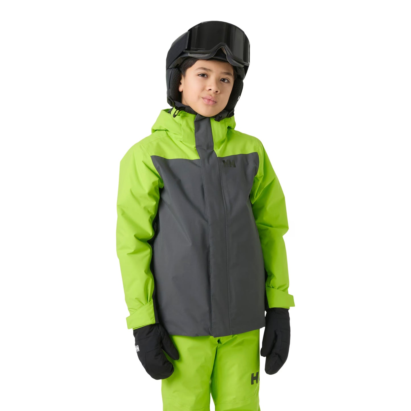 Manteau d'hiver Orionpeak - Helly Hansen vert clair et gris foncé, style technique, porté par enfant, vue de face avec casque et gants noirs.