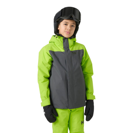Manteau d'hiver Orionpeak - Helly Hansen vert clair et gris foncé, style technique, porté par enfant, vue de face avec casque et gants noirs.