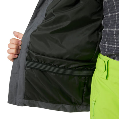 Manteau d'hiver Orionpeak - Helly Hansen gris ouvert montrant la doublure intérieure noire, porté par un adulte en pantalon de ski vert anis, vue en gros plan du détail intérieur.