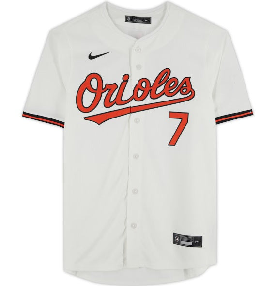 Jersey baseball - Holliday Orioles blanc avec inscriptions orange et noir, manches courtes, sublimation, pour enfant, vue de face.