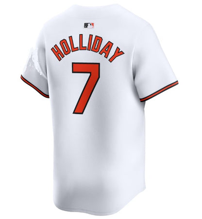 Jersey baseball - Holliday Orioles blanc à chiffres rouges et liserés noirs, manches courtes, pour enfant, vue de dos.